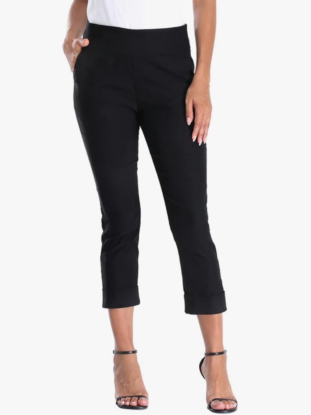 🖤 HDE Pull On Capri Pants Elastic Waist Cropped Work Pants with Pockets